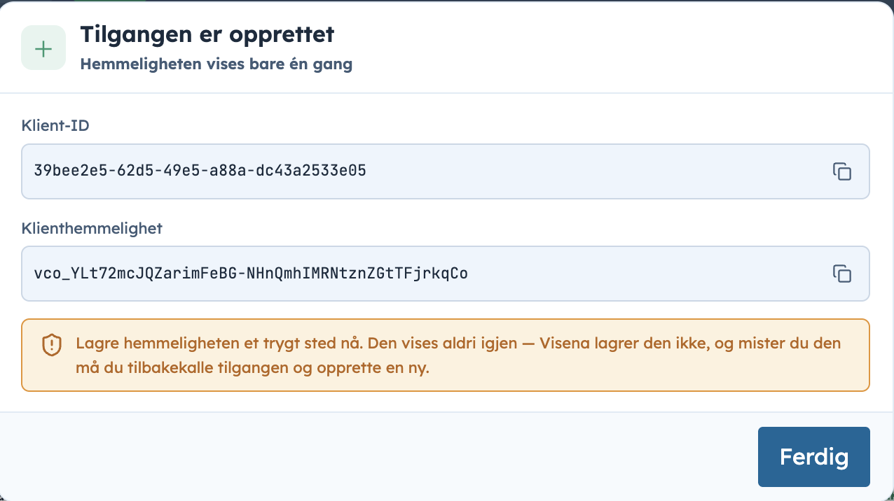 The Tilgangen er opprettet dialog showing Klient-ID and Klienthemmelighet with copy buttons