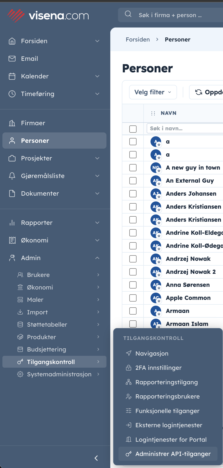 The Visena sidebar with Admin, Tilgangskontroll and Administrer API-tilganger