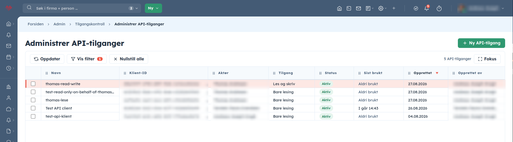 The Administrer API-tilganger overview with the Navn, Klient-ID, Aktør, Tilgang, Status, Sist brukt, Opprettet and Opprettet av columns