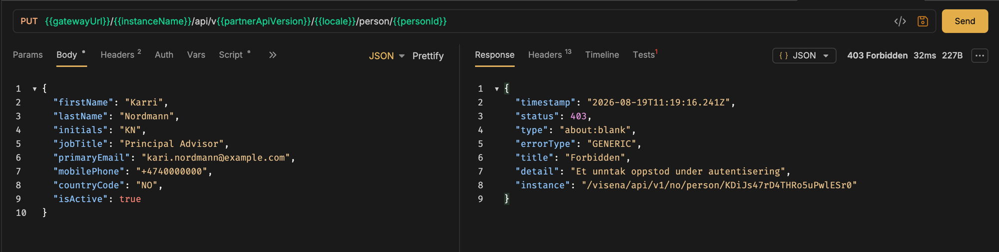 A PUT person request carrying a read-scoped bearer token, answered 403 Forbidden with a JSON problem document