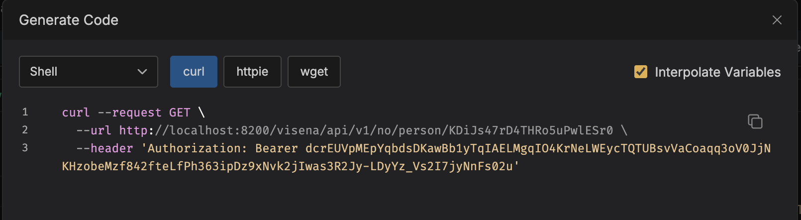 The same GET person request rendered as a generated curl command with the Bearer header