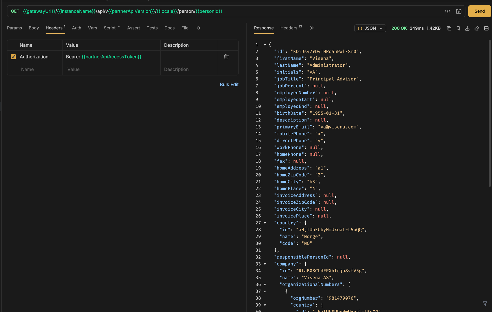 A GET person request with a Bearer authorization header and the JSON response with person fields