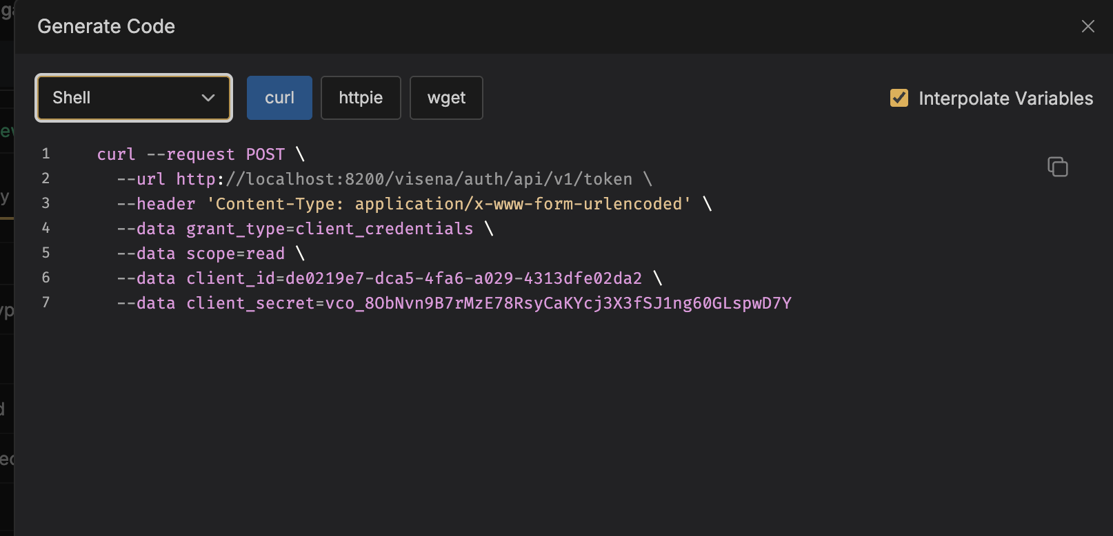 The same token request rendered as a generated curl command