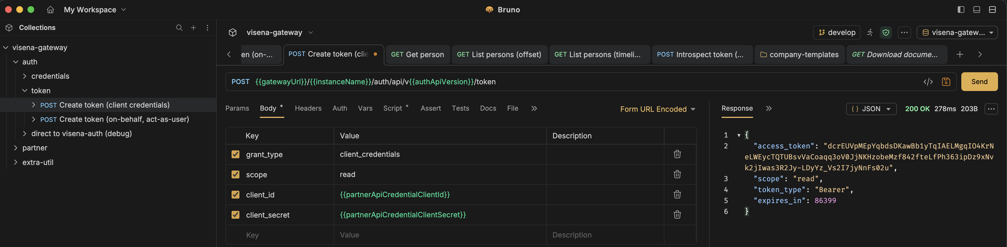 An API client showing the token request with grant_type, scope, client_id and client_secret, and the JSON token response
